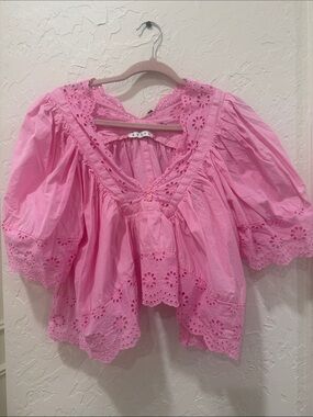 Pink Eyelet V-Neck Cotton Peasant Top